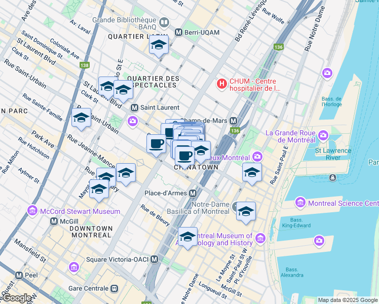 map of restaurants, bars, coffee shops, grocery stores, and more near 1053 Boulevard Saint-Laurent in Montréal