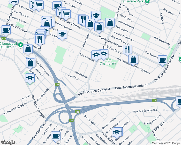 map of restaurants, bars, coffee shops, grocery stores, and more near 1361 Boulevard Nobert in Longueuil
