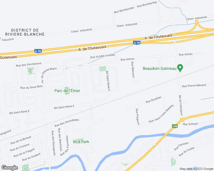 map of restaurants, bars, coffee shops, grocery stores, and more near 1653 Boulevard Saint-René Est in Gatineau