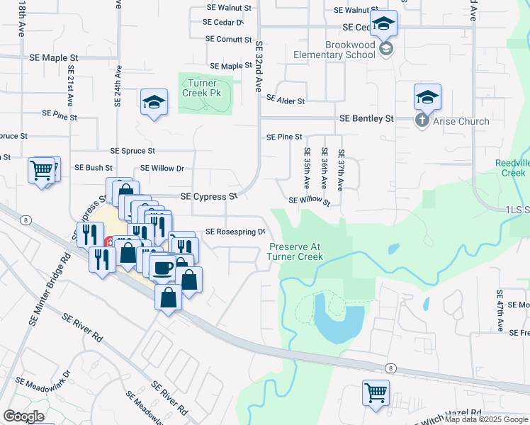 map of restaurants, bars, coffee shops, grocery stores, and more near 3203 Southeast Tumblestone Drive in Hillsboro