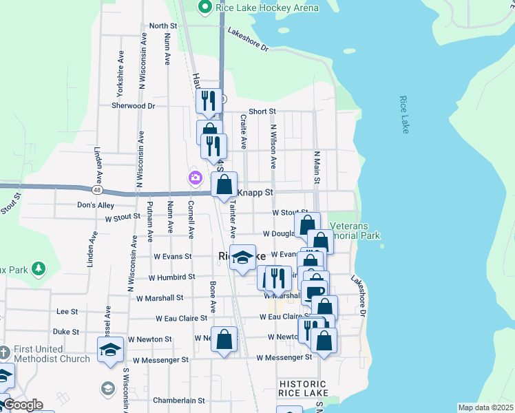 map of restaurants, bars, coffee shops, grocery stores, and more near 112 West Knapp Street in Rice Lake