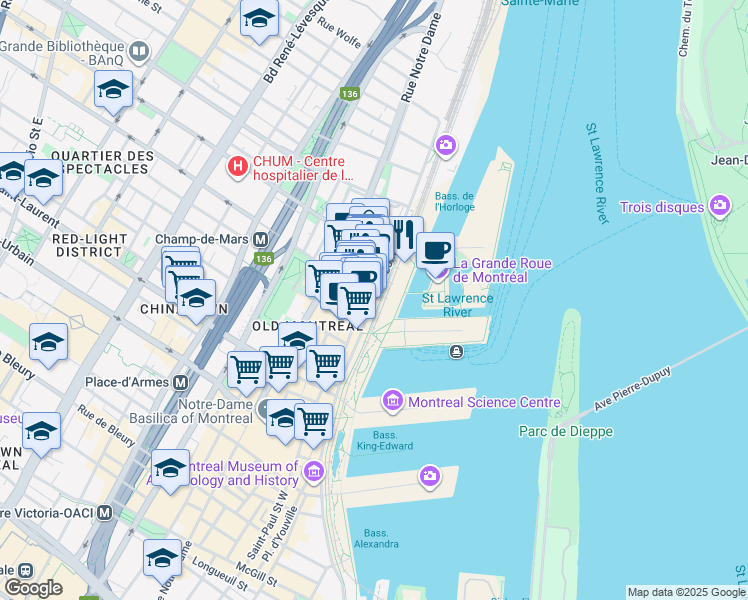 map of restaurants, bars, coffee shops, grocery stores, and more near Rue de la Commune Est in Montréal