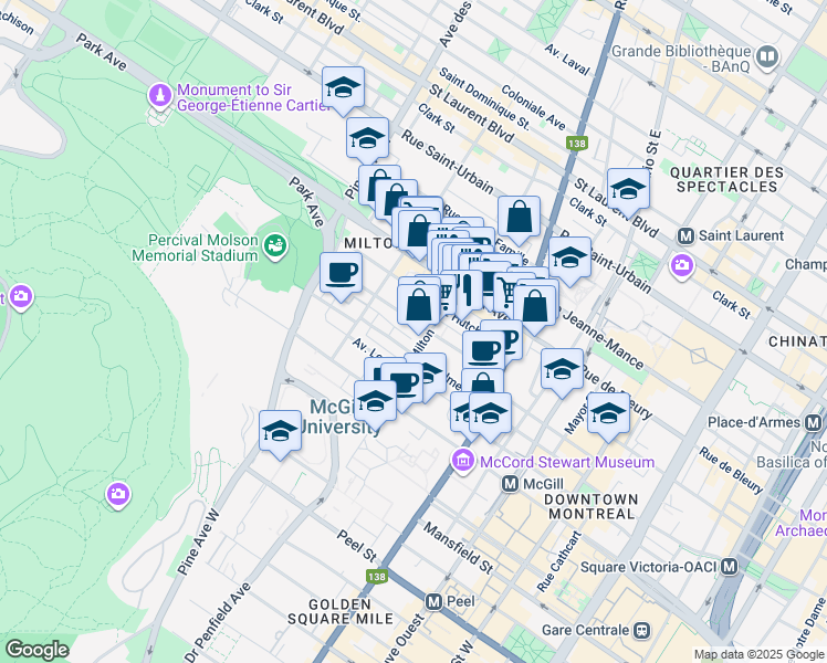 map of restaurants, bars, coffee shops, grocery stores, and more near 3512 Durocher in Montréal