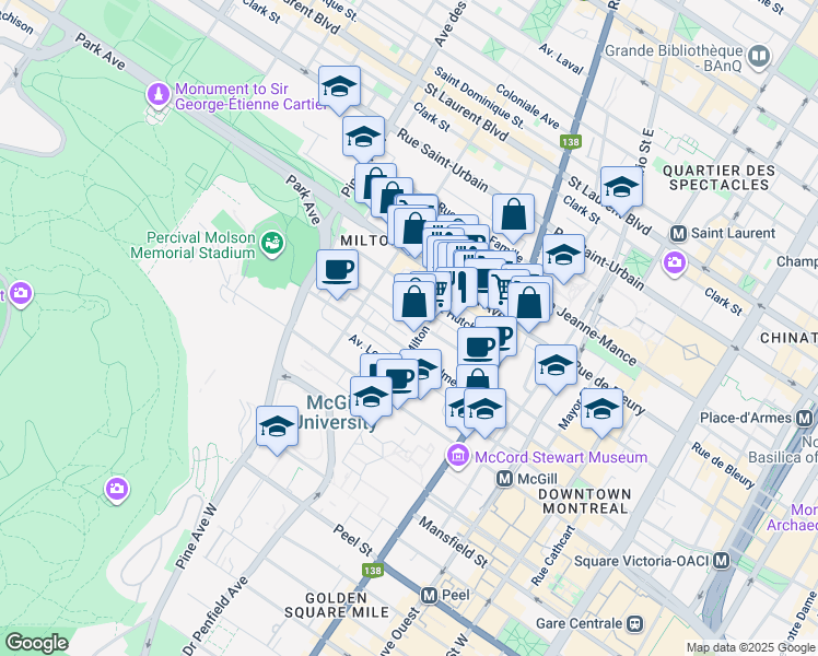 map of restaurants, bars, coffee shops, grocery stores, and more near 3512 Rue Durocher in Montréal