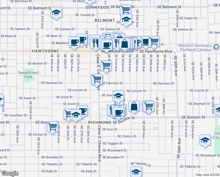 map of restaurants, bars, coffee shops, grocery stores, and more near 4001 Southeast Lincoln Street in Portland