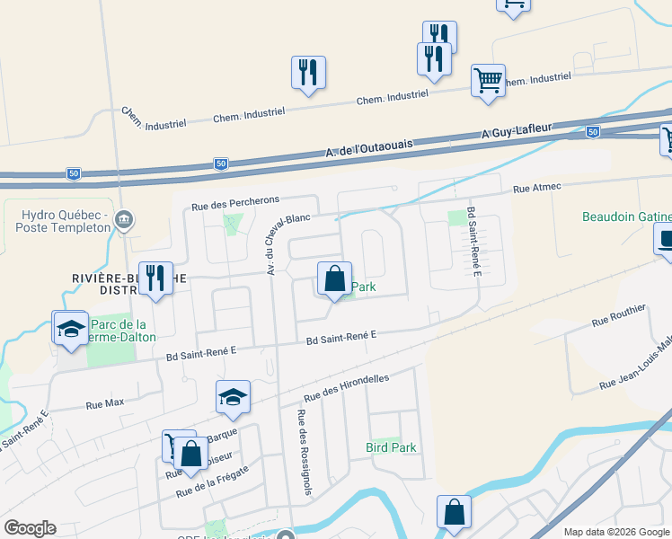 map of restaurants, bars, coffee shops, grocery stores, and more near 119 Rue des Palominos in Gatineau