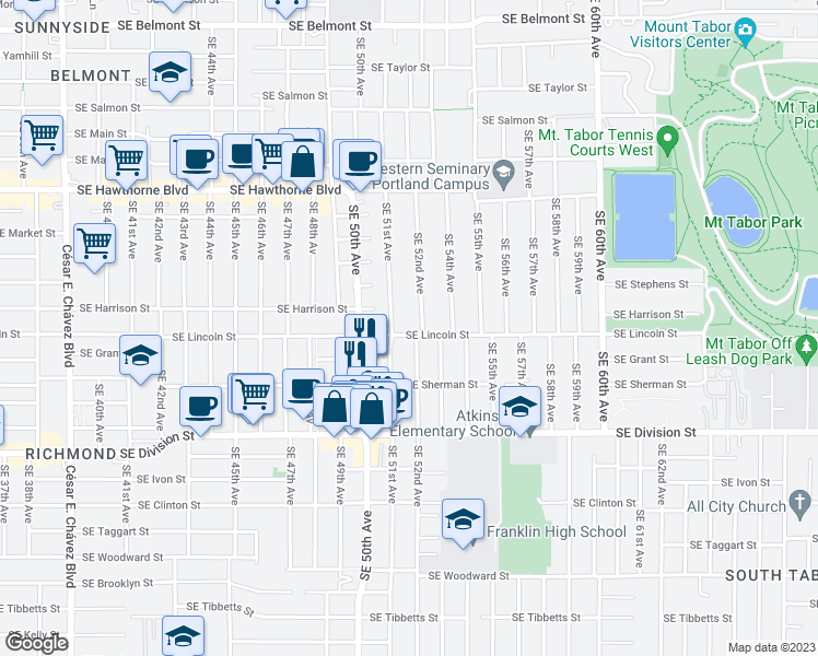 map of restaurants, bars, coffee shops, grocery stores, and more near 5127 Southeast Lincoln Street in Portland