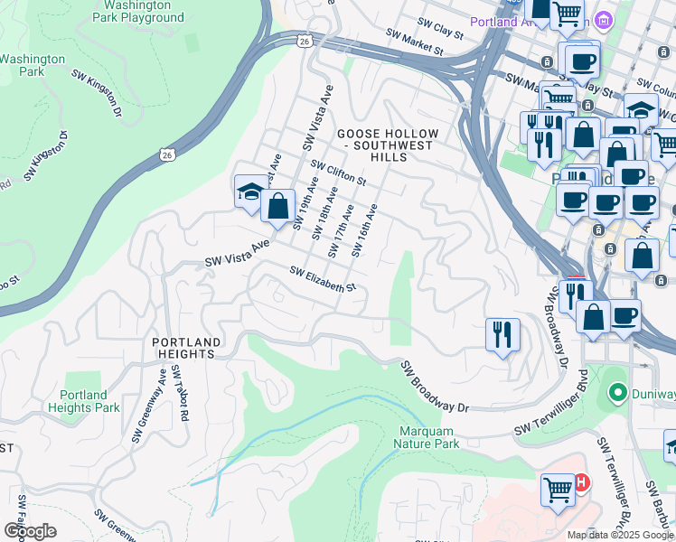 map of restaurants, bars, coffee shops, grocery stores, and more near 1616 Southwest Spring Street in Portland