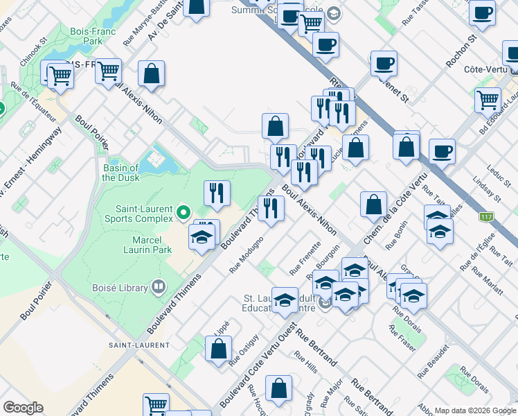map of restaurants, bars, coffee shops, grocery stores, and more near 2250 Thimens Boulevard in Montreal