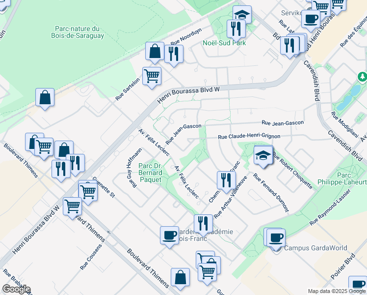 map of restaurants, bars, coffee shops, grocery stores, and more near 4399 Rue Claude-Henri-Grignon in Montréal