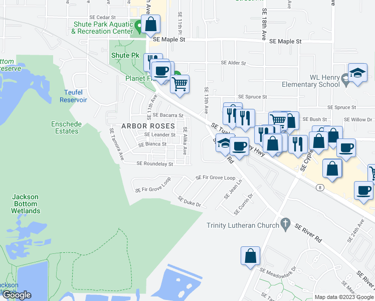 map of restaurants, bars, coffee shops, grocery stores, and more near 1459 Southeast Enterprise Circle in Hillsboro