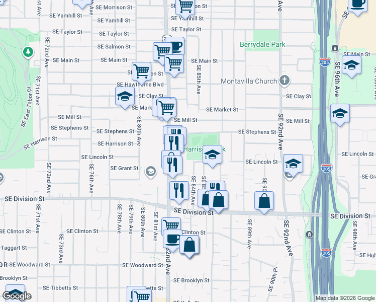 map of restaurants, bars, coffee shops, grocery stores, and more near 8320 Southeast Harrison Street in Portland