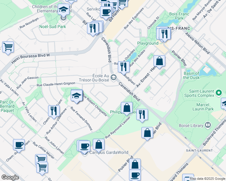 map of restaurants, bars, coffee shops, grocery stores, and more near 3950 Rue Claude-Henri-Grignon in Montréal