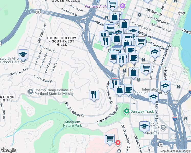 map of restaurants, bars, coffee shops, grocery stores, and more near 1260 Southwest Cardinell Drive in Portland