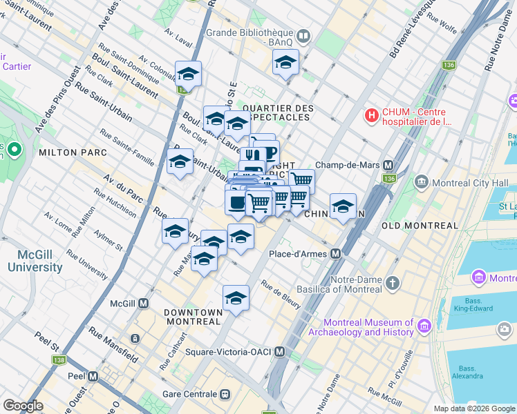 map of restaurants, bars, coffee shops, grocery stores, and more near in Montreal