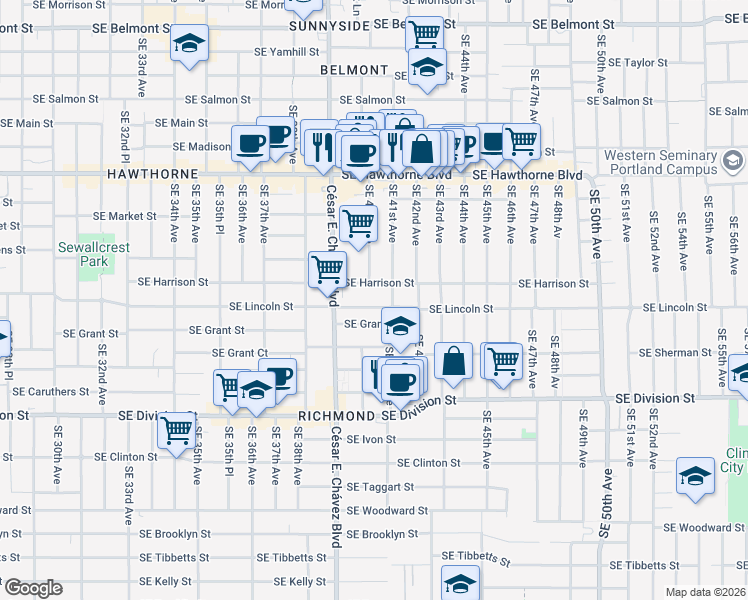 map of restaurants, bars, coffee shops, grocery stores, and more near 4001 Southeast Lincoln Street in Portland