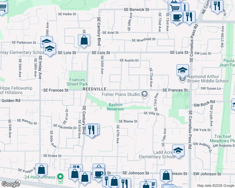 map of restaurants, bars, coffee shops, grocery stores, and more near 6726 Southeast Frances Street in Hillsboro