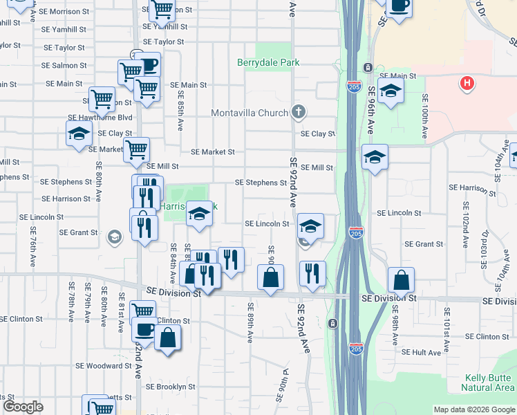 map of restaurants, bars, coffee shops, grocery stores, and more near 9004 Southeast Harrison Street in Portland