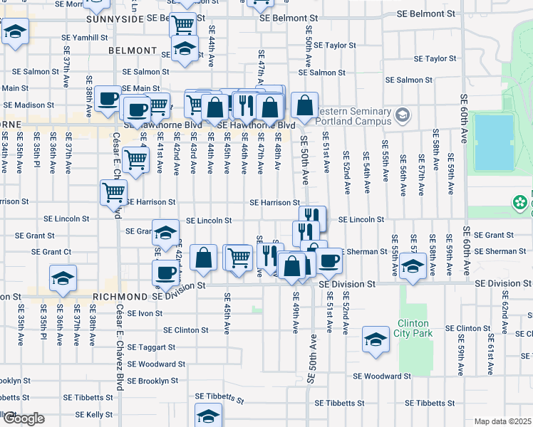 map of restaurants, bars, coffee shops, grocery stores, and more near 2015 Southeast 47th Avenue in Portland