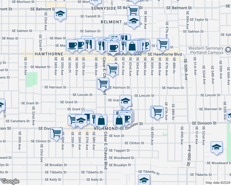 map of restaurants, bars, coffee shops, grocery stores, and more near 3928 Southeast Harrison Street in Portland