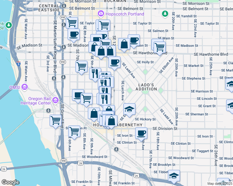 map of restaurants, bars, coffee shops, grocery stores, and more near 70 Southeast Harrison Street in Portland