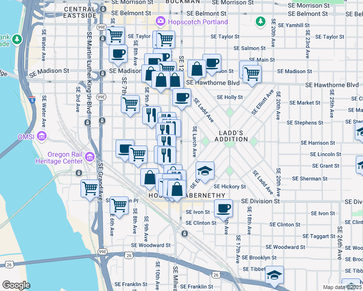 map of restaurants, bars, coffee shops, grocery stores, and more near 70 Southeast Harrison Street in Portland