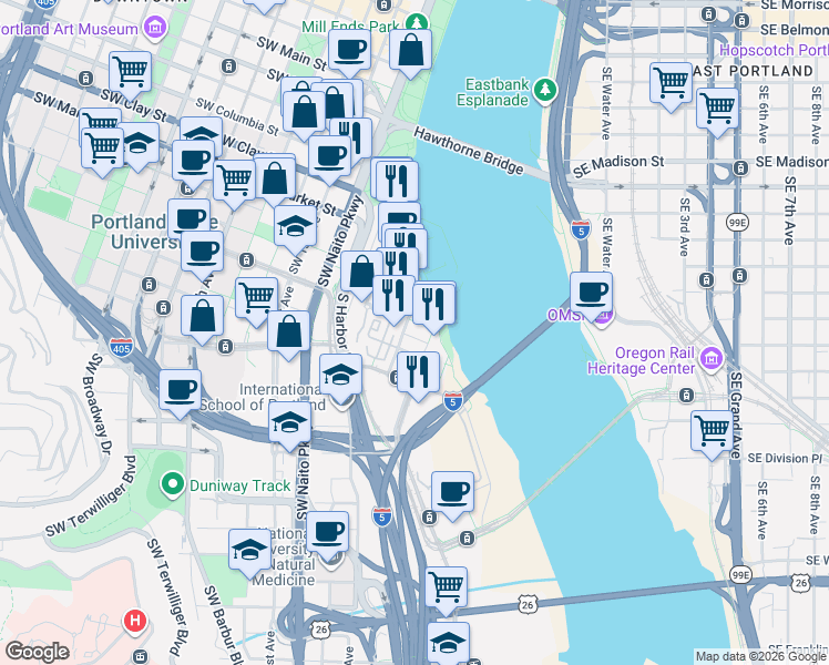 map of restaurants, bars, coffee shops, grocery stores, and more near 1816 South River Drive in Portland