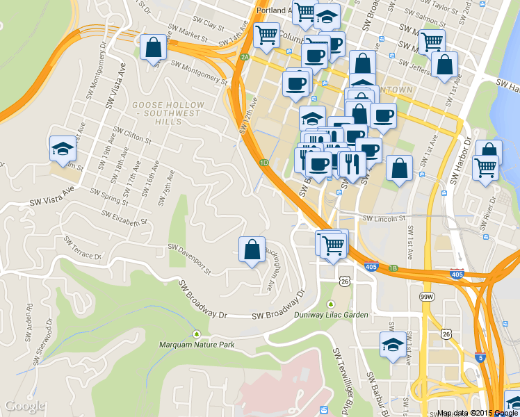 map of restaurants, bars, coffee shops, grocery stores, and more near 1260 Southwest Cardinell Drive in Portland