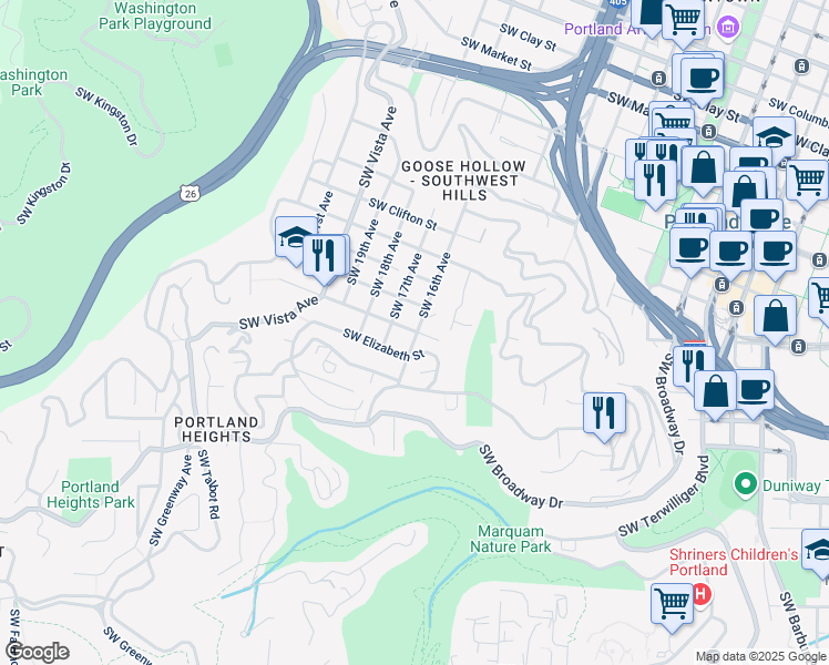 map of restaurants, bars, coffee shops, grocery stores, and more near 2417 Southwest 16th Avenue in Portland