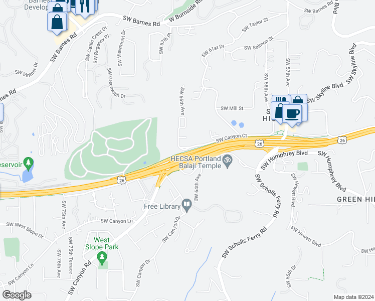 map of restaurants, bars, coffee shops, grocery stores, and more near 6399 Southwest Canyon Court in Portland