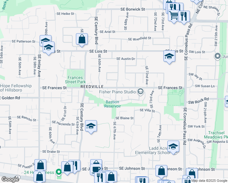 map of restaurants, bars, coffee shops, grocery stores, and more near 6726 Southeast Frances Street in Hillsboro