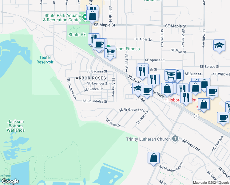 map of restaurants, bars, coffee shops, grocery stores, and more near 1459 Southeast Enterprise Circle in Hillsboro
