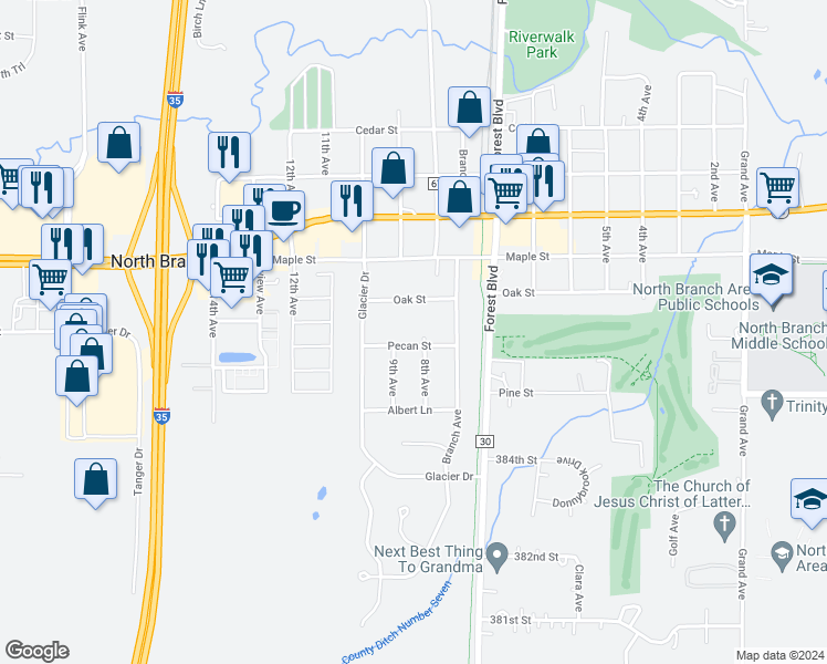 map of restaurants, bars, coffee shops, grocery stores, and more near 6188 Pecan Street in North Branch