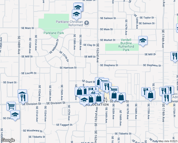 map of restaurants, bars, coffee shops, grocery stores, and more near 1948 Southeast 161st Avenue in Portland