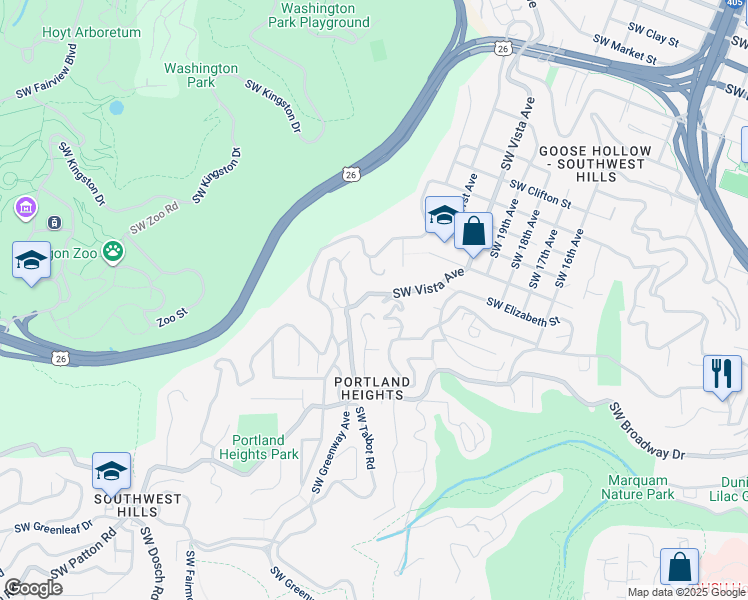 map of restaurants, bars, coffee shops, grocery stores, and more near 2610 Southwest Vista Avenue in Portland
