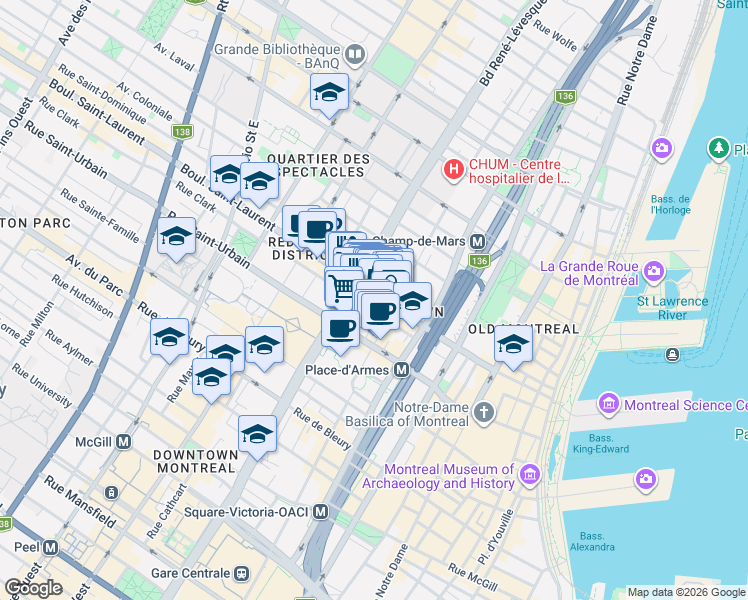 map of restaurants, bars, coffee shops, grocery stores, and more near 1088 Boulevard Saint-Laurent in Montréal