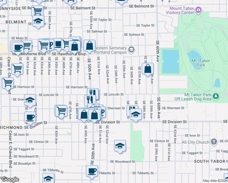 map of restaurants, bars, coffee shops, grocery stores, and more near 5307 Southeast Lincoln Street in Portland