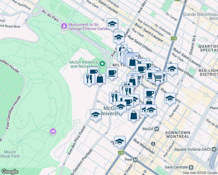 map of restaurants, bars, coffee shops, grocery stores, and more near 3620 Rue Lorne Crescent in Montréal