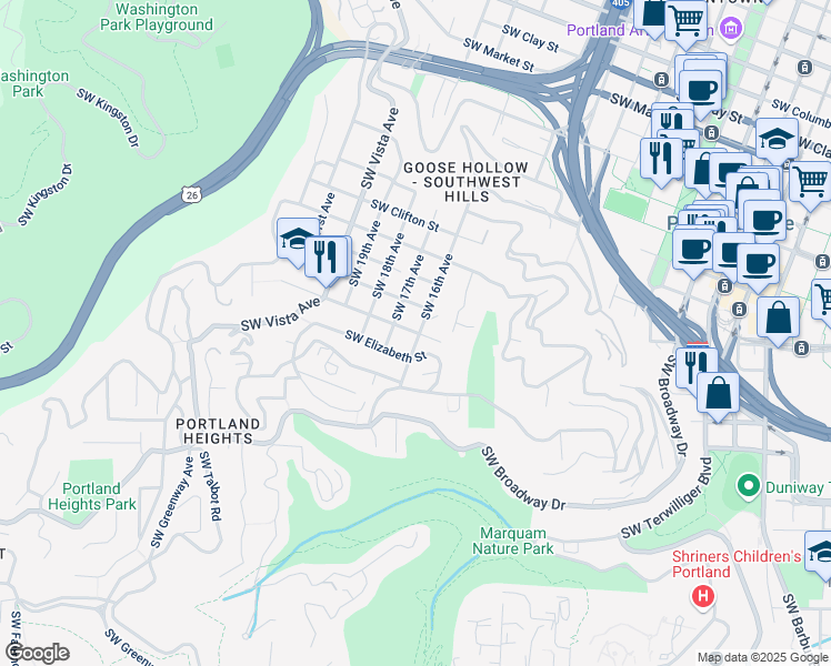 map of restaurants, bars, coffee shops, grocery stores, and more near 1616 Southwest Spring Street in Portland