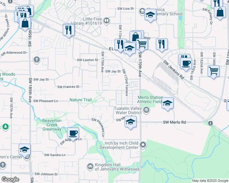 map of restaurants, bars, coffee shops, grocery stores, and more near 1597 Southwest 173rd Terrace in Beaverton