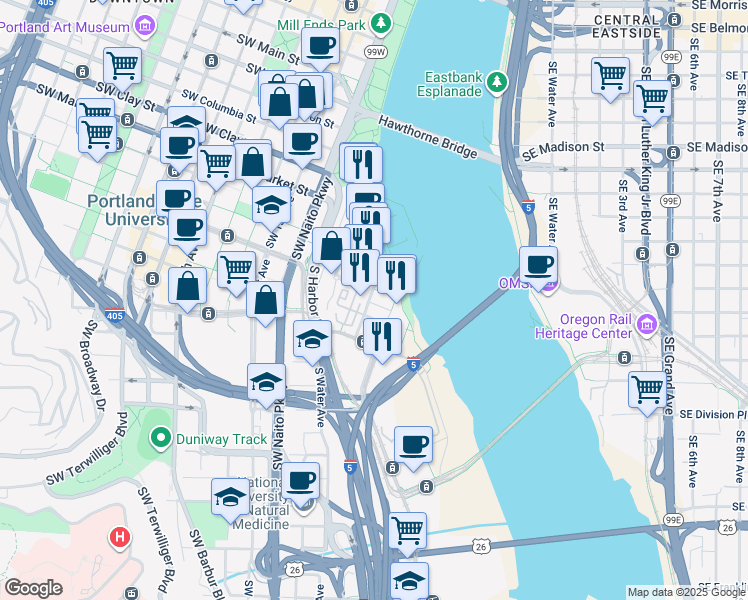 map of restaurants, bars, coffee shops, grocery stores, and more near 1900 South River Drive in Portland