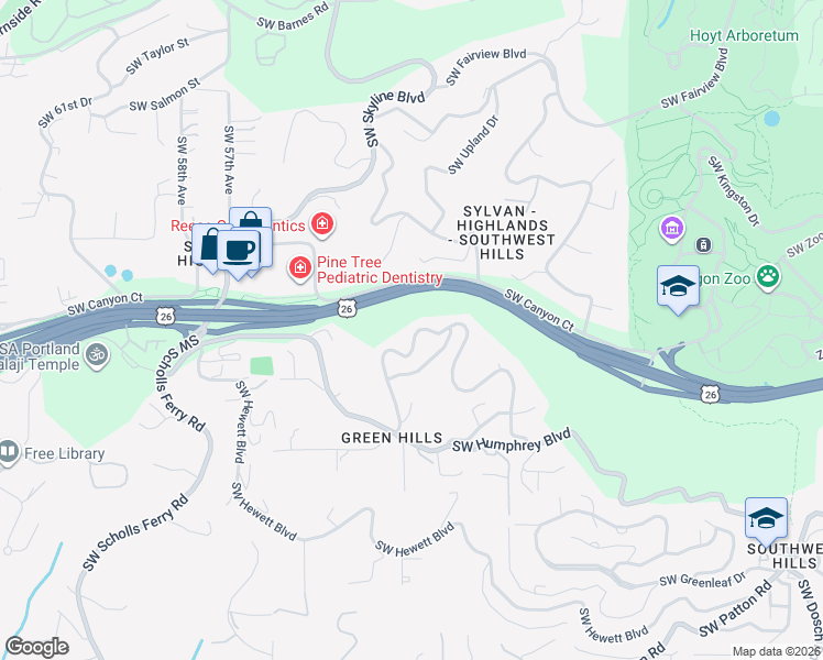 map of restaurants, bars, coffee shops, grocery stores, and more near 4933 Southwest Humphrey Park Road in Portland