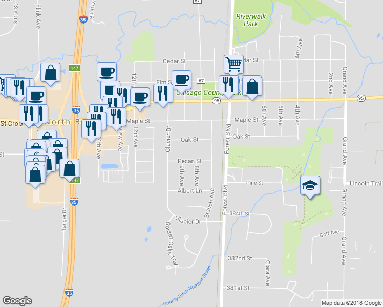 map of restaurants, bars, coffee shops, grocery stores, and more near 6188 Pecan Street in North Branch