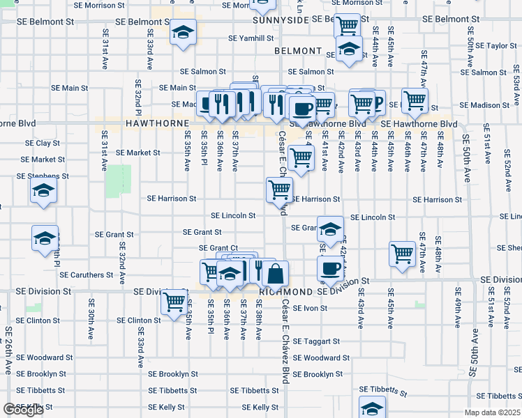 map of restaurants, bars, coffee shops, grocery stores, and more near 3820 Southeast Harrison Street in Portland