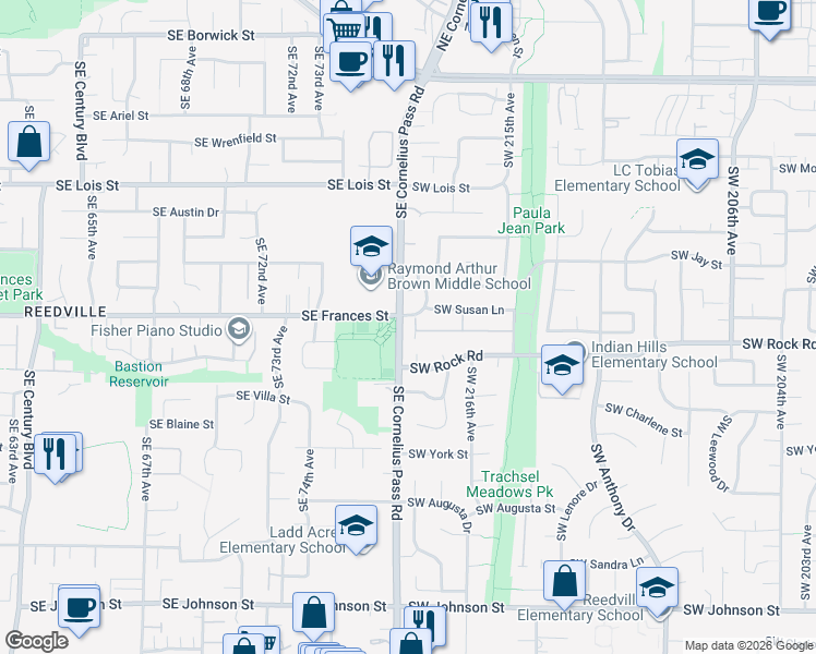 map of restaurants, bars, coffee shops, grocery stores, and more near 21751 Southwest Parkin Lane in Beaverton