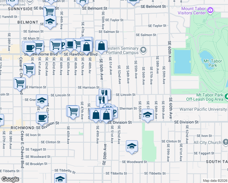 map of restaurants, bars, coffee shops, grocery stores, and more near 2046 Southeast 51st Avenue in Portland