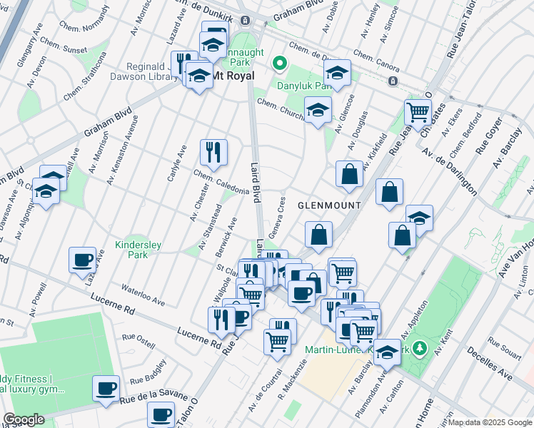 map of restaurants, bars, coffee shops, grocery stores, and more near 320 Boulevard Laird in Mont-Royal