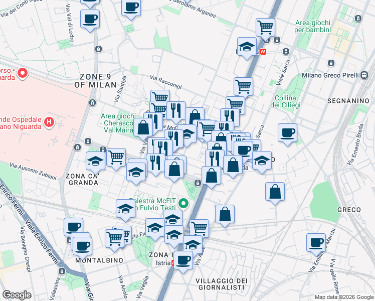 map of restaurants, bars, coffee shops, grocery stores, and more near 64 Viale Giovanni Suzzani in Milan