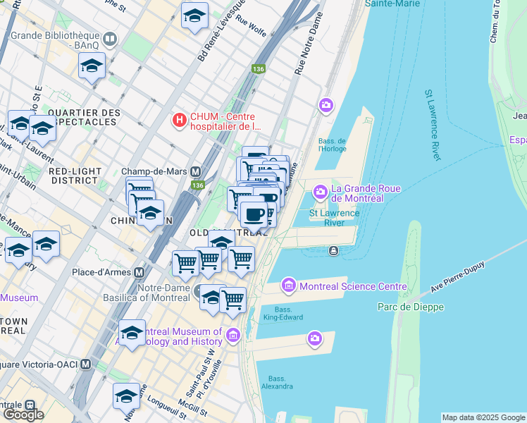 map of restaurants, bars, coffee shops, grocery stores, and more near 285 Rue Saint-Paul East in Montréal