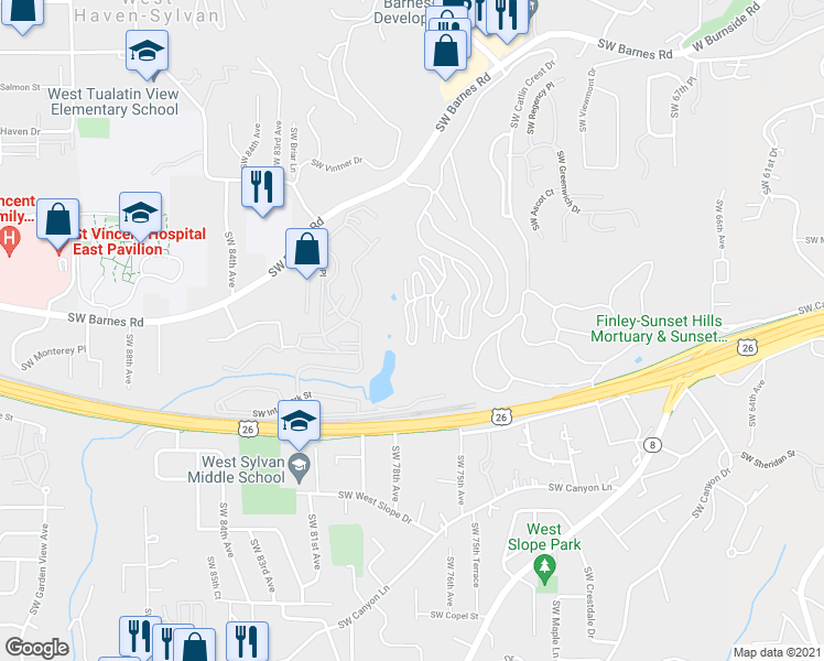 map of restaurants, bars, coffee shops, grocery stores, and more near 7720 Southwest Barnes Road in Portland
